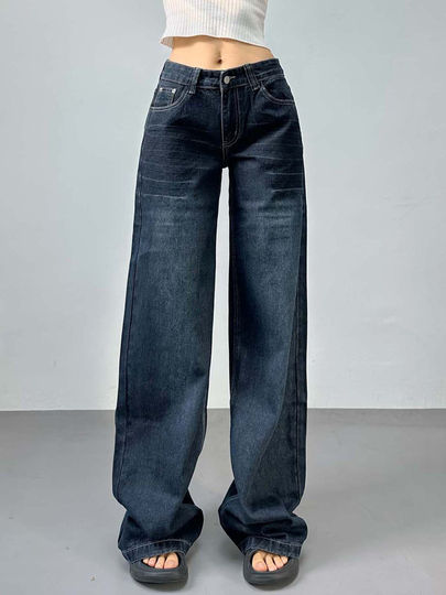 2025 American Street Photography Retro Dark Blue Loose Straight Jeans Retro Wide Legs Slim Fashionable Trousers for Women