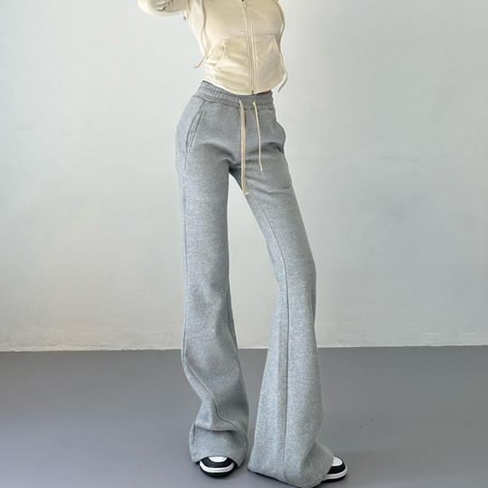 European and American style elastic high-waisted streamers slightly flared velvet sweatpants sports pants flared pants slim floor-length casual pants for women