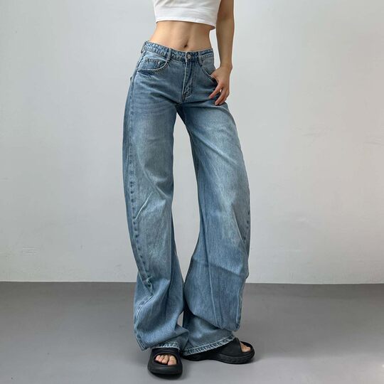 2025 new style staggered stitching twisted pleated low-waist scimitar jeans loose slimming wrinkled trousers stacked trousers
