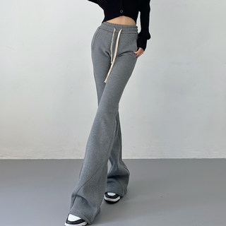 European and American Style Elastic High-Waisted Flared Sweatpants with Ribbons, Fleece-Lined, Slimming, Floor-Length Casual Pants for Women