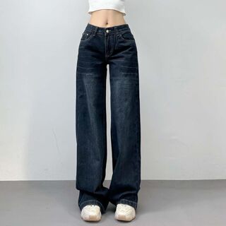 2025 American Street Style Retro Dark Blue Loose Straight-Leg Jeans Retro Wide-Leg Slimming Fashionable Long Pants for Women Trendy