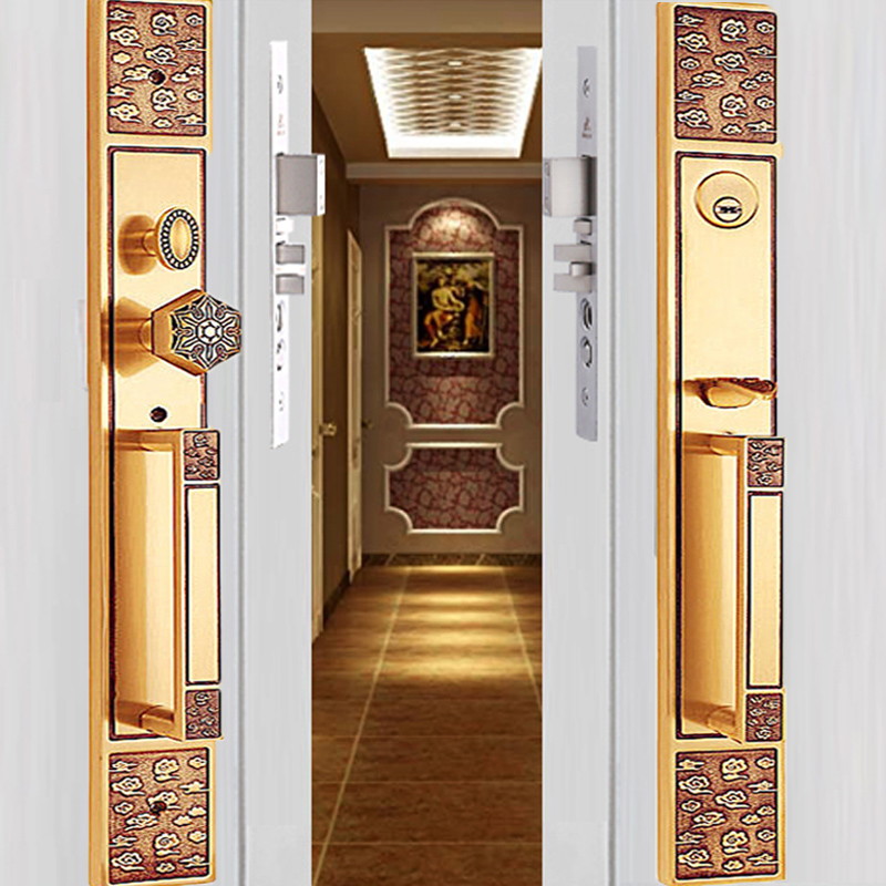Chinese pure copper villa with large door lock full copper antique solid wood double door large handle lock into the door American door American lock