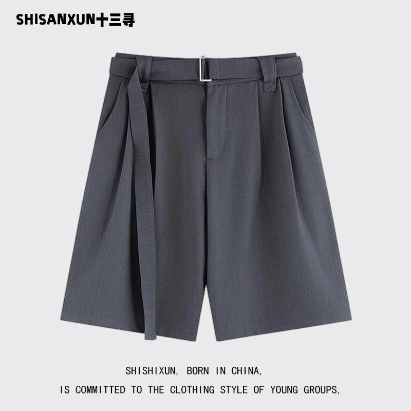 Shisanxun Summer High-End Belt Straight-Leg Suit Shorts Unisex Trendy Solid Color Wide-Leg Knee-Length Shorts Trendy