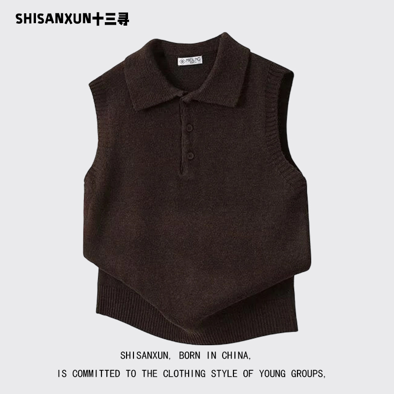 Shisanxun American Retro Polo Collar Knitted Vest for Men and Women, Versatile Sleeveless Vest, Loose and Casual, Versatile