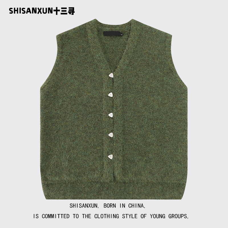 Shisanxun Autumn and Winter Japanese Retro V-Neck Knitted Vest Jacket Unisex Loose Sleeveless Layered Vest Shisanxun Autumn and Winter Japanese Retro V-Neck Knitted Vest Jacket Unisex Loose Sleeveless Layered Vest