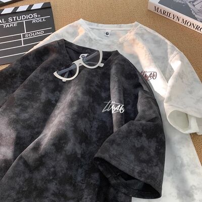 夏季扎染短袖T恤男女宽松大码体恤学生潮牌上衣复古国潮美式半袖