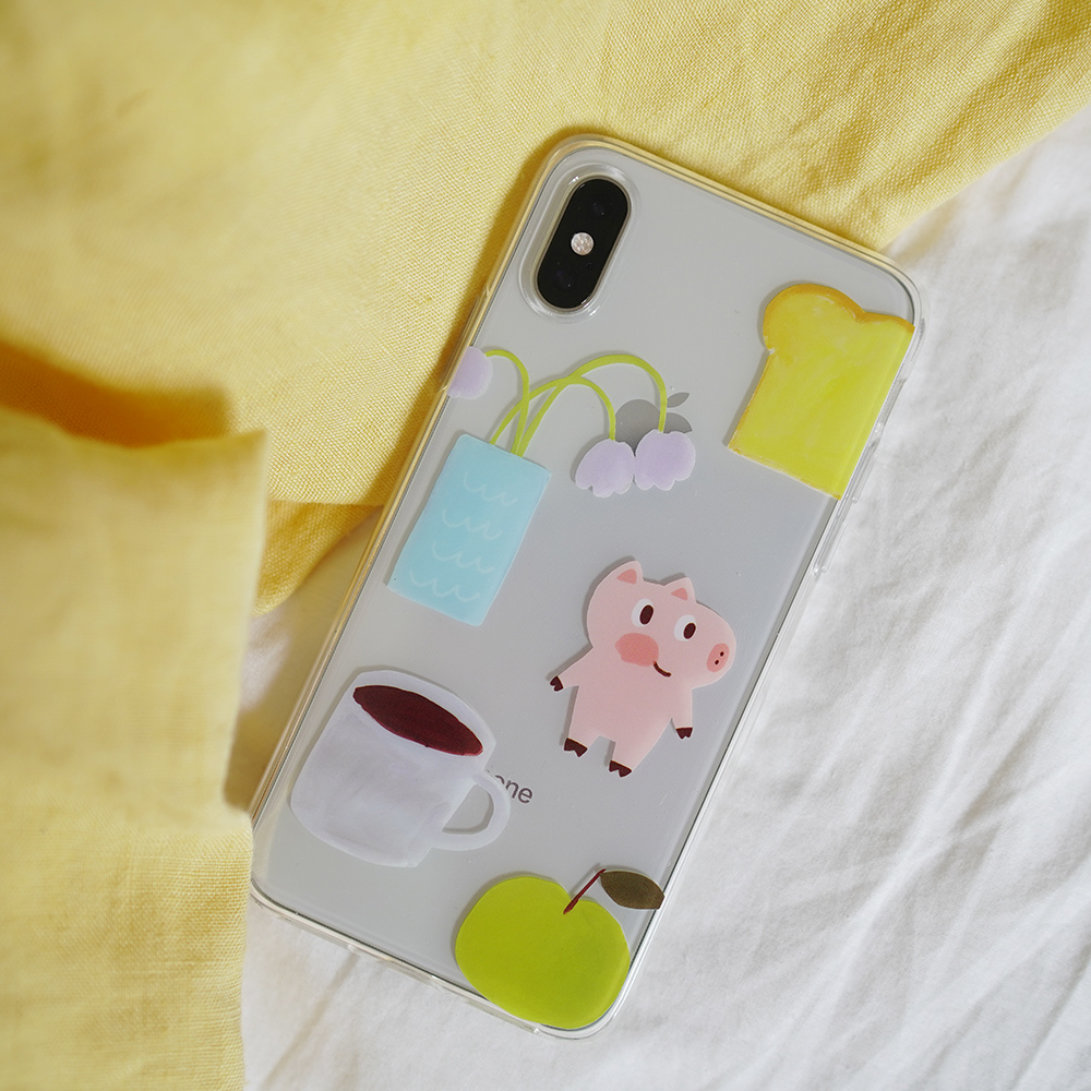 jobbo pig, bread, coffee, apple blossom, transparent soft rubber iPhone case, simple Nordic life