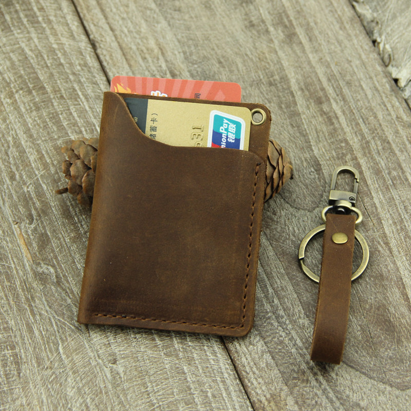 Handmade cowhide bus hollow card sleeve mini subway card access control card bag campus card protective sleeve key chain