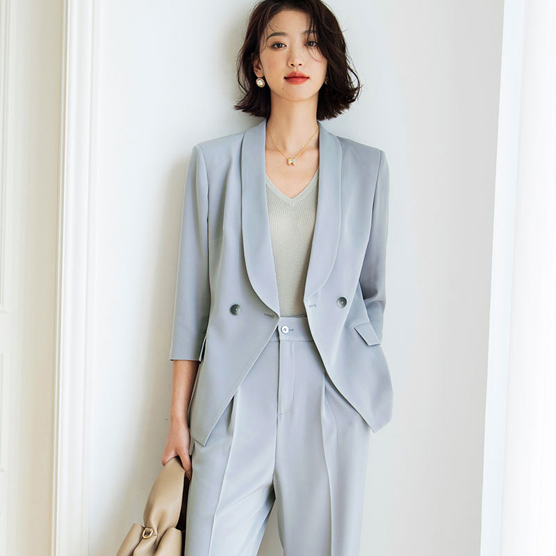 Diisshia2025 Summer Thin Suit Set for Women, Elegant Commuter Gray Three-Quarter Sleeve Acetate Blazer