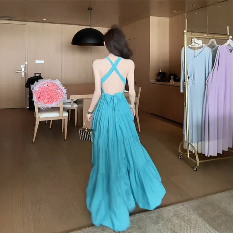 French-Style Sexy Backless Blue Halter Dress for Women, Summer Seaside Vacation Style, Slit Long Skirt French-Style Sexy Backless Blue Halter Dress for Women, Summer Seaside Vacation Style, Slit Long Skirt
