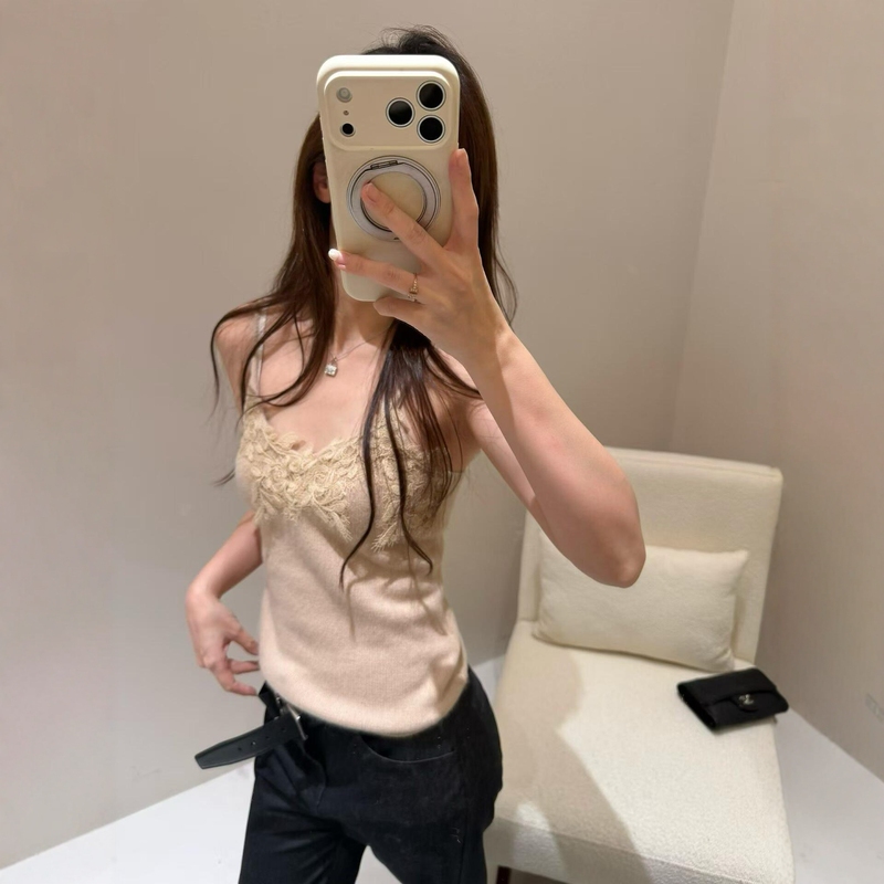 Korean Style Lace Trim Knitted Camisole for Women, New Autumn Slim Fit V-Neck Sleeveless Base Shirt Top