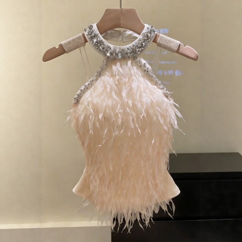 French-Style Heavy-Duty Rhinestone-Embellished Halter Neck Fur Camisole, Feminine, Unique and Stunning White Tube Top