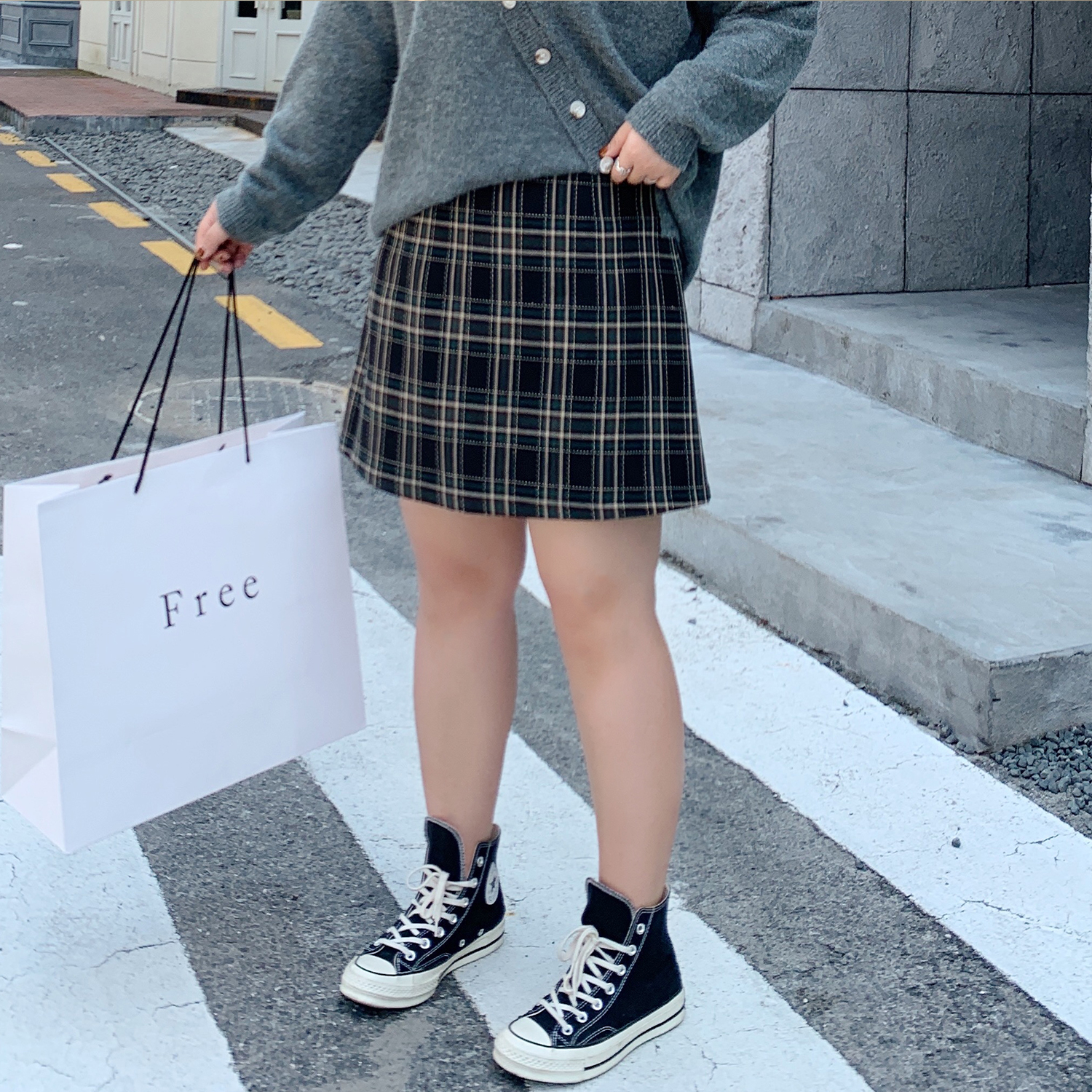 ALIN custom large size plaid skirt women's 2019 autumn and winter new loose fat mm retro thin A word short skirt