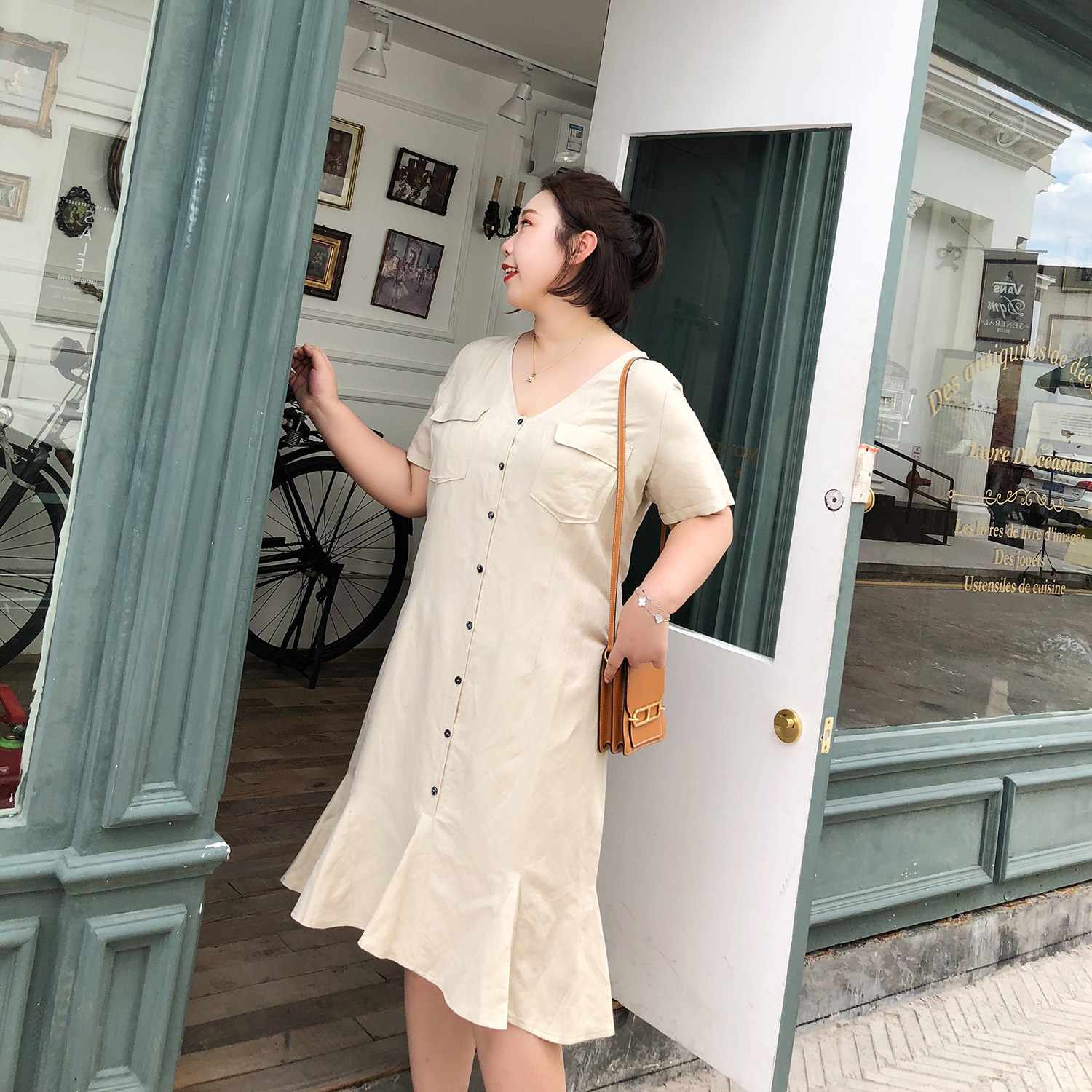 ALIN custom large size women's French retro~V-neck button waist cotton linen fishtail dress fat MM slightly fat