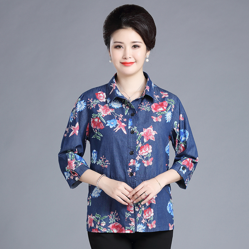 Middle-Aged and Elderly Women's Denim Shirt, Mother's Clothing, Spring and Summer Pure Cotton Shirt, Women's Three-Quarter Sleeve Loose Thin Jacket Top