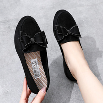 Spring and autumn old Beijing cloth shoes flat womens shoes single shoes shallow mouth fashion bowknot black work shoes doudou shoes pregnant women