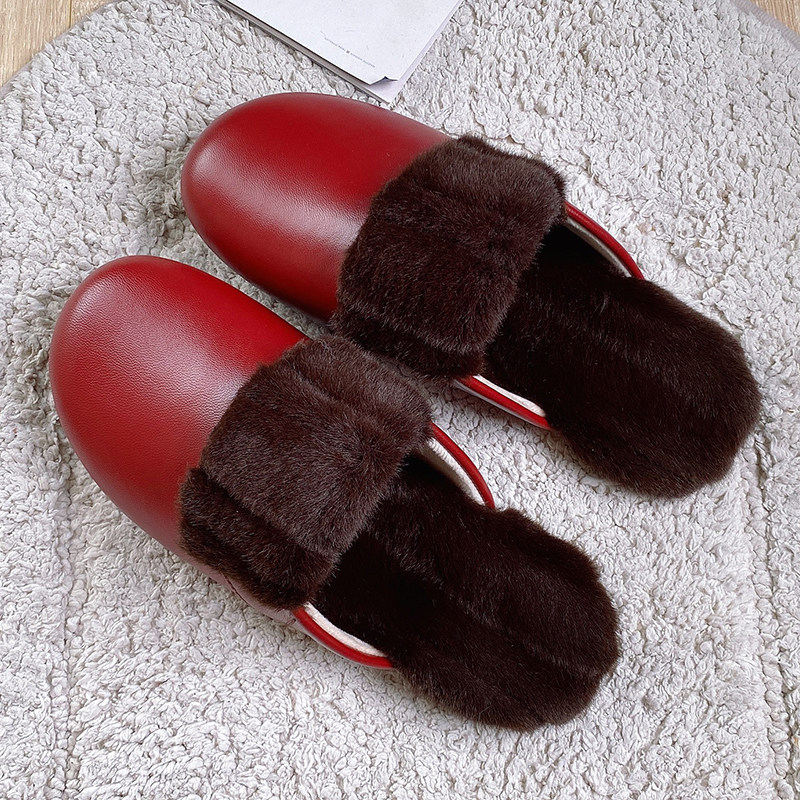 Light luxury high-grade handmade sheepskin warm cotton slippers winter men and women couples home floor non-slip soft bottom genuine leather