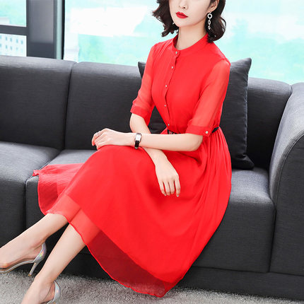 2018新款夏季通勤气质立领中袖大摆中长裙红