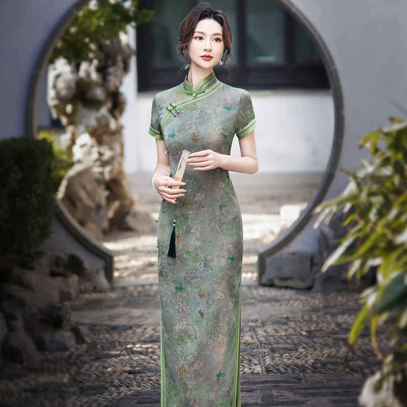 2026 Summer New Style Imitation Xiangyun Silk Long Double-Layer Green High-Waisted Slimming Improved Retro Youthful Style 2026 Summer New Style Imitation Xiangyun Silk Long Double-Layer Green High-Waisted Slimming Improved Retro Youthful Style