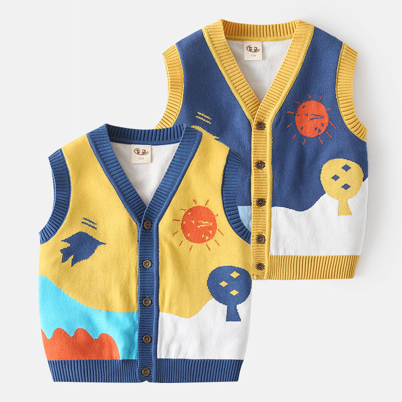 Korean version V collar boy knit vest pure cotton baby wool wire waistcoat 2022 spring fit new child clothes child kampong