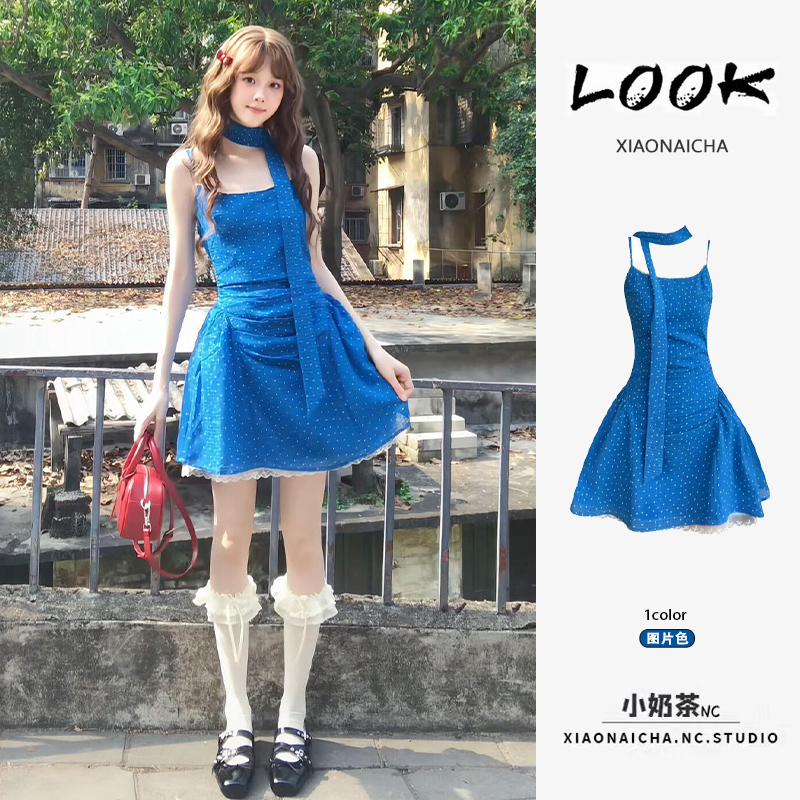 Blue Polka Dot Ribbon Suspender Dress for Women in Summer, Lace Trim, Waist-Cinching, Slimming, Holiday Style Short Dress Blue Polka Dot Ribbon Suspender Dress for Women in Summer, Lace Trim, Waist-Cinching, Slimming, Holiday Style Short Dress