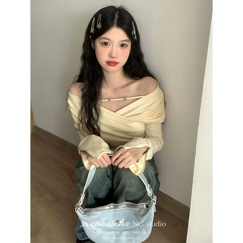 Сексуальное термобелье, базовый приятный телу лонгслив, французский стиль, открытые плечи, осеннее, V-образный вырез