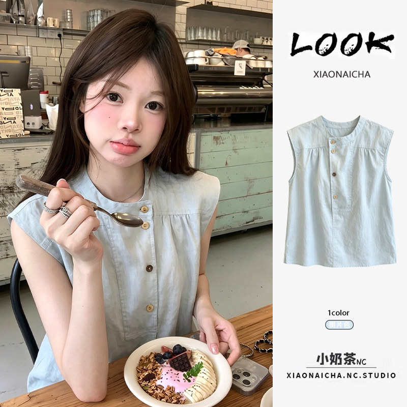Retro-Style Blue Round-Neck Sleeveless Vest Shirt for Women, Unique Summer Style for Petite Figures, Simple and Versatile Loose Top