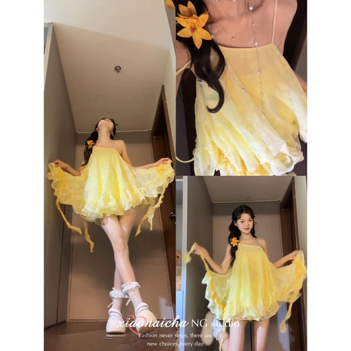 Желтая летняя юбка, французский стиль, эффект подтяжки, подходит для подростков, юбка-пачка