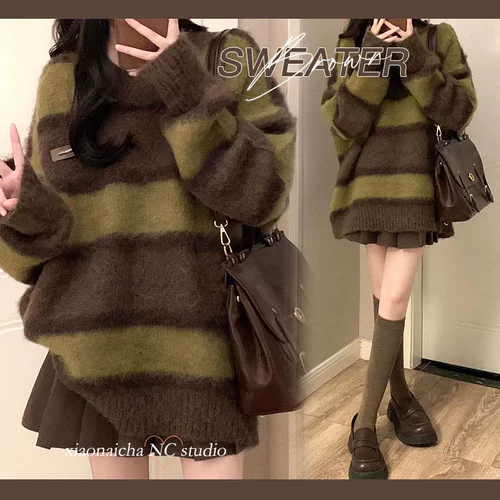 Чай, ретро комплект, свитер, юбка в складку, подходит для подростков, изысканный стиль