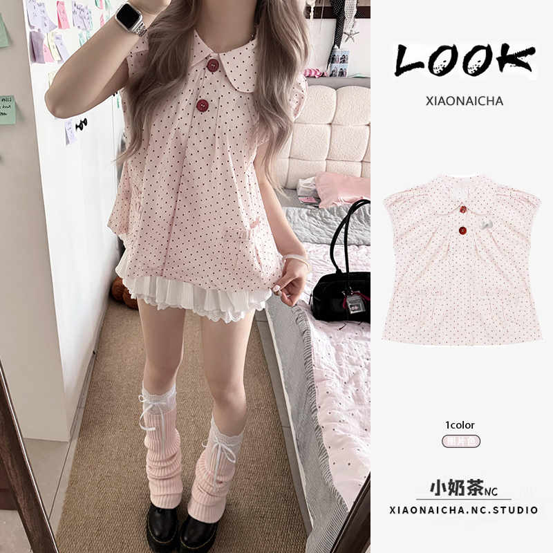 Sweet Style Pink Polka Dot Doll Collar Short-Sleeved Shirt for Women Summer 2026 New Style Beautiful and Versatile Puff-Sleeved Top