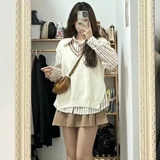 Осенний ретро трикотажный жилет, рубашка, юбка, комплект, 2023, подходит для подростков, 3 предмета