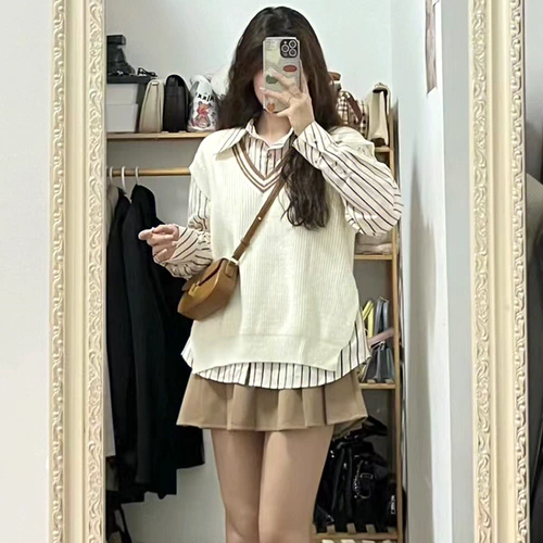 Осенний ретро трикотажный жилет, рубашка, юбка, комплект, 2023, подходит для подростков, 3 предмета