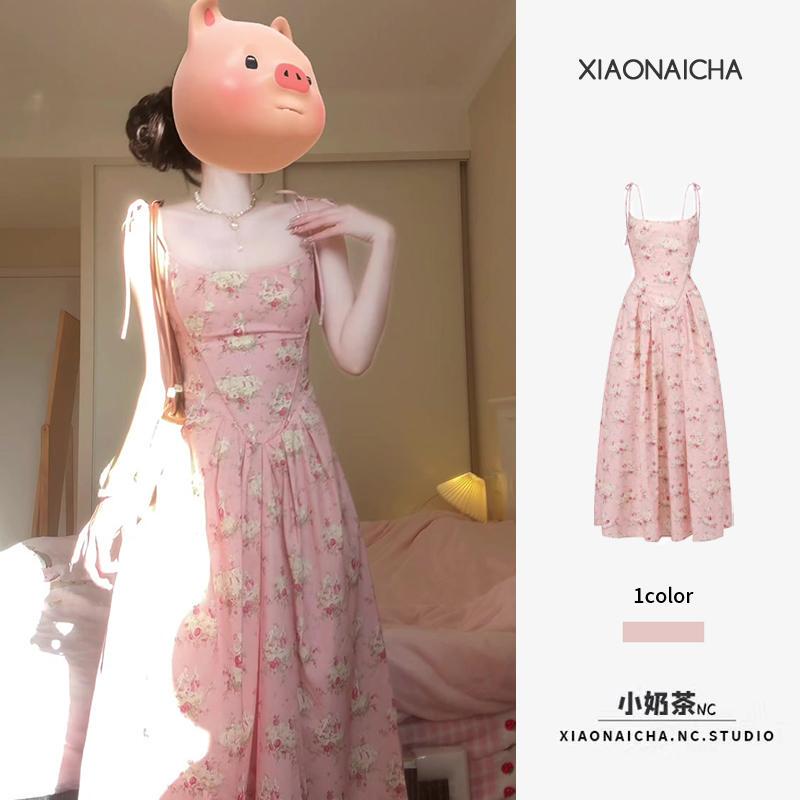 French-Style Sweet Pink Floral Suspender Dress for Women, New Summer Style, Waist-Cinching, Slimming, Sleeveless Mid-Length Dress