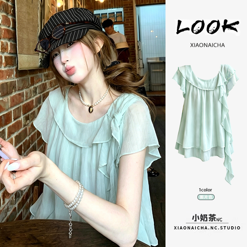 Mint Green Lotus Leaf Collar Short-Sleeved Shirt for Women in Summer, Unique and Beautiful, Loose-Fitting, Irregular Ribbon Top