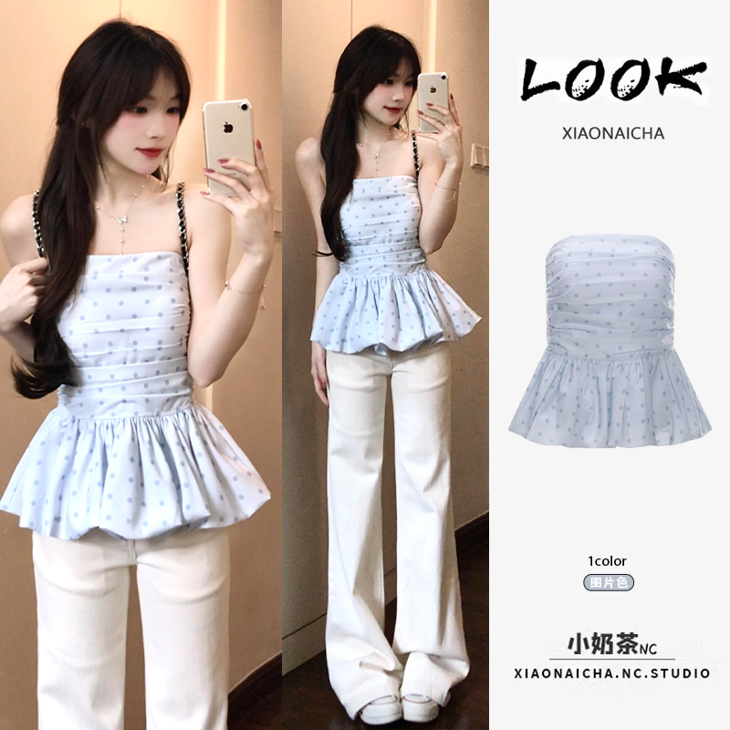 Sweet Style Blue Polka Dot Floral Tube Top for Women, Summer 2026 New Model, Stunning Waist-Cinching Backless Top for Layering