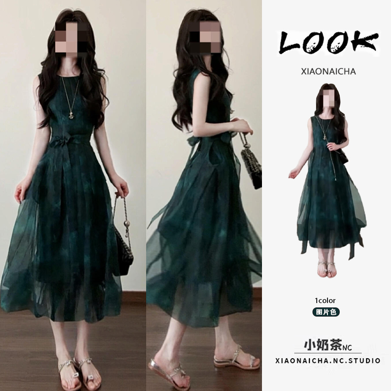 The Wizard of oz Green Organza Printed Dress for Women, New Summer Style, Petite Waist-Cinching Tie-Back Long Dress