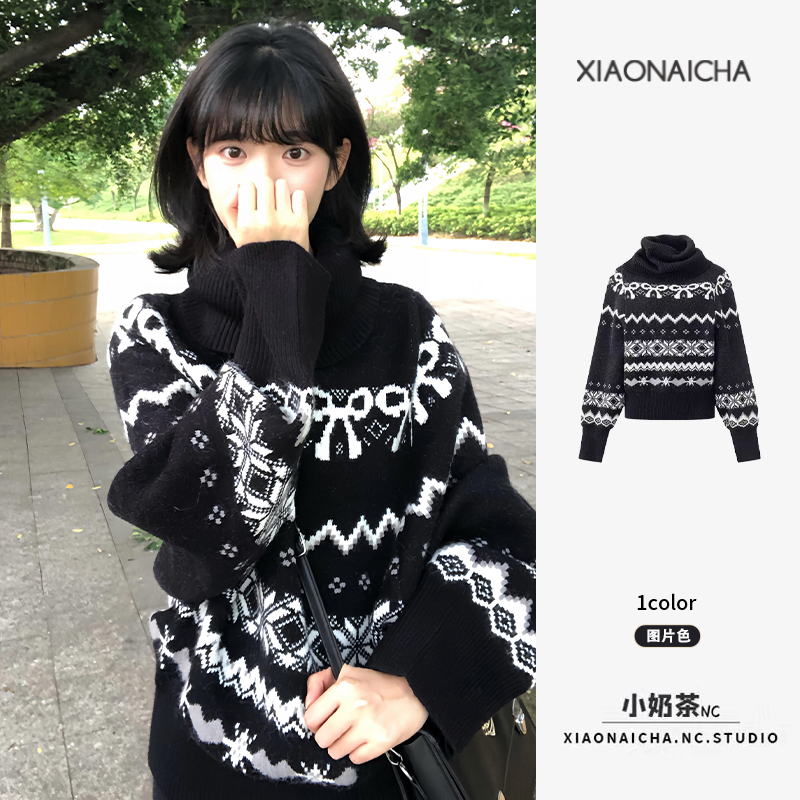 Fair Isle Sweet Style Black Turtleneck Knit Sweater for Women, Super Stylish and Unique, Beautiful Long-Sleeve Sweater for Autumn and Winter