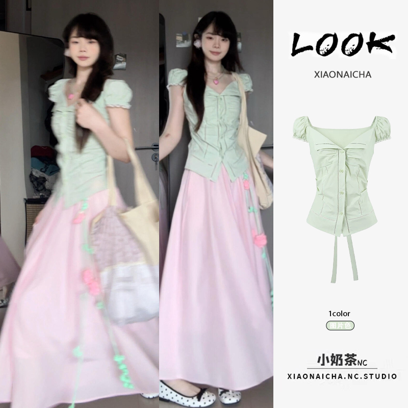 Korean Style Outfit: Green Collared Puff-Sleeve Lace Short-Sleeve Shirt for Women, Unique Summer Waist-Tie T-Shirt Top