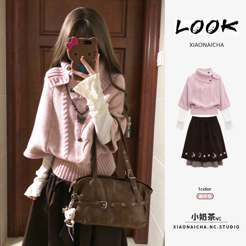 Sweet Style Pink High-Neck Cable-Knit Sweater for Women, New Autumn Lace Inner Skirt Three-Piece Set