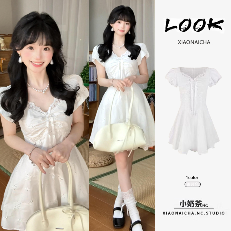 French-Style First Love-Inspired White Lace Hollow-Out Dress for Women, New Summer Model, Stunning and Fashionable, Waist-Cinching Puff Sleeve Short Dress French-Style First Love-Inspired White Lace Hollow-Out Dress for Women, New Summer Model, Stunning and Fashionable, Waist-Cinching Puff Sleeve Short Dress