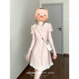 Розовая летняя милая кружевная мини-юбка, французский стиль, в стиле Шанель, V-образный вырез, рукава фонарики, подходит для подростков, кружевное платье, А-силуэт