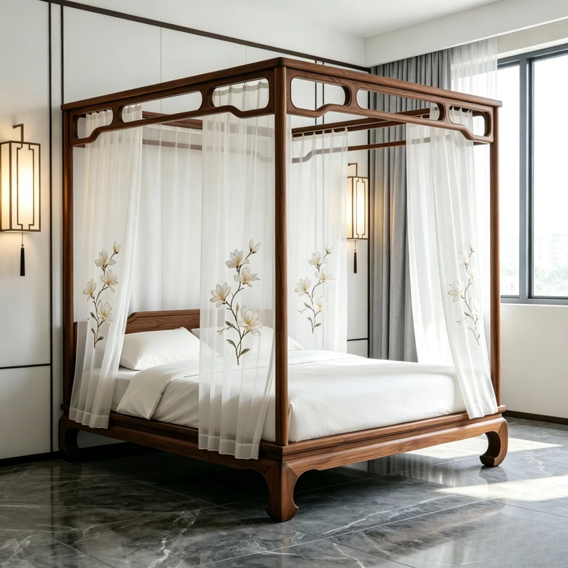 New Chinese-Style Solid Wood Canopy Bed, Solid Wood Bed, Black Walnut Frame Bed, Four-Poster Bed, Luxury Double Bed for Hotels and Guesthouses