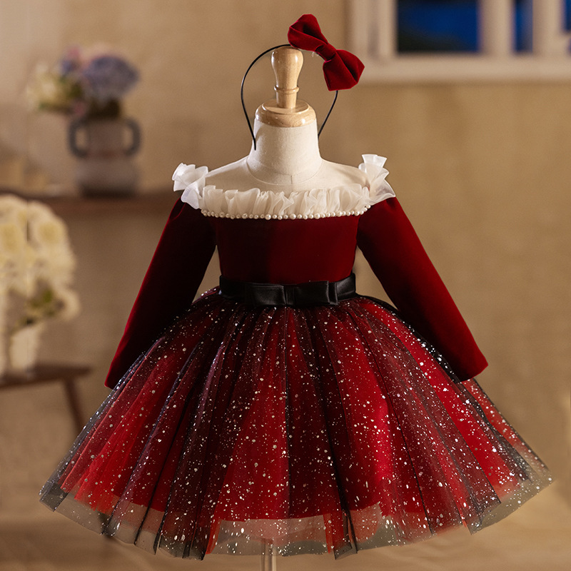 Children's Birthday Dress, Girl's Long-Sleeved Red Puffy Princess Dress, Girl's Host Classy Performance Dress, Winter