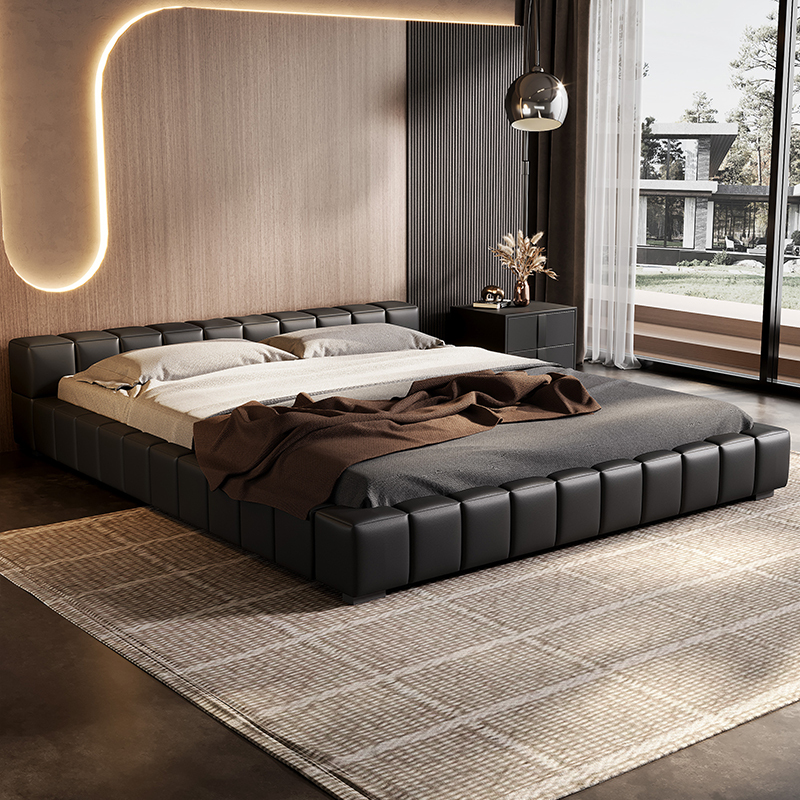 Italian-Style Light Luxury Leather Bed 2m X 2.2m Large Bed Minimalist High-End Low Headboard Bed Floor-Standing Double Bed Master Bedroom Wedding Bed
