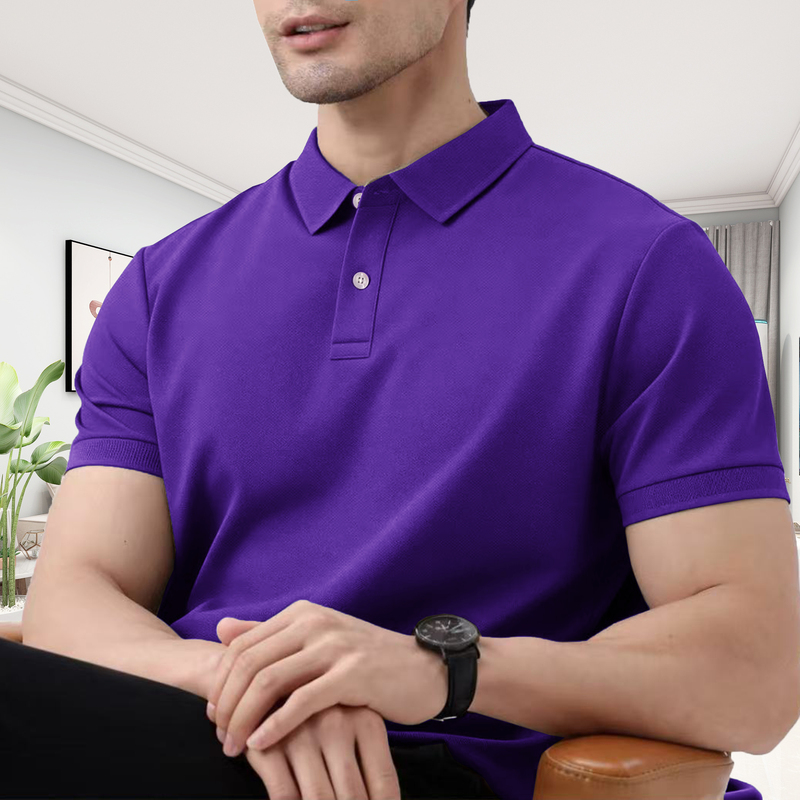 Hong Kong Style Purple Men's Sportswear Pure Cotton Short-Sleeved Summer Lapel T-Shirt Men's Plus Size Loose Polo Shirt Solid Color