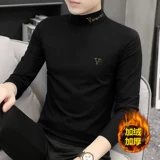 Мужской демисезонный утепленный трендовый бархатный удерживающий тепло базовый приятный телу лонгслив, высокий воротник, с вышивкой