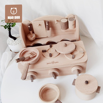 Past Home Children Log Kitchen Mini Emulation Boiled Rice Game Boy Girl Wooden Toy No Paint Hearth