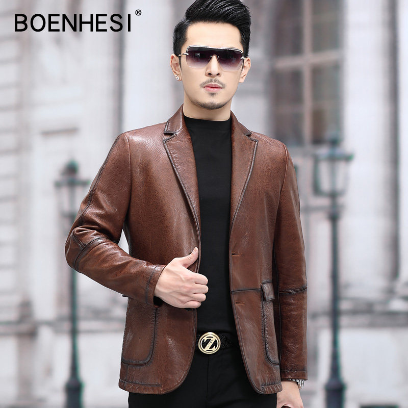 New leather jacket Haining leather jacket men's oil wax sheep leather suit suit Korean version of slim business casual