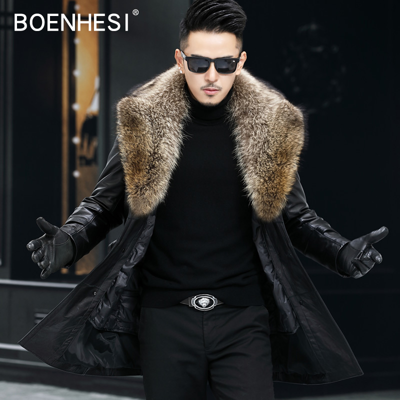 Autumn and winter Haining genuine leather jacket men's mid-length leather windbreaker cowhide detachable down jacket American raccoon fur collar