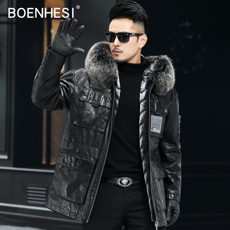 Winter genuine leather men's Haining fur mid-length oil wax top layer cowhide hooded windbreaker leather jacket trendy men